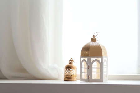 Lantern on white table near window.の写真素材