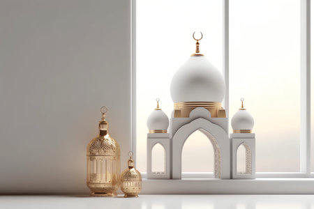 3d rendering of white mosque with golden lanterns in the roomの写真素材