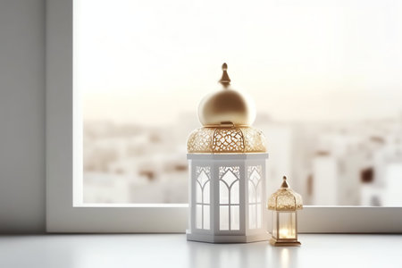 3d rendering Arabic lanterns on the windowsill with city viewの写真素材