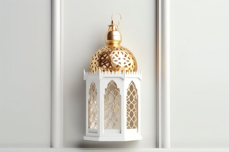 3d render of white lantern with golden Christmas ornament on white wall