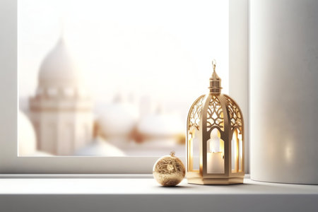 Ramadan Kareem background. Arabic lanterns on white windowsill. 3d renderingの写真素材
