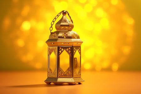 Ramadan Kareem greeting card with golden lantern on bokeh background