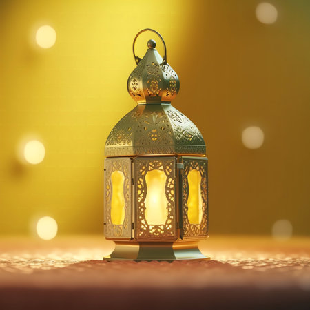 Ramadan Kareem greeting card with Arabic lantern and bokeh lights