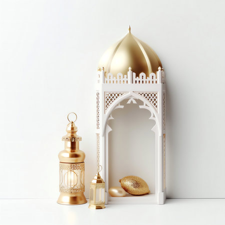 3d illustration of golden lanterns in the white room. Ramadan Kareemの写真素材