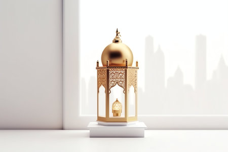 3d rendering of Ramadan Kareem lantern in white room with city viewの写真素材
