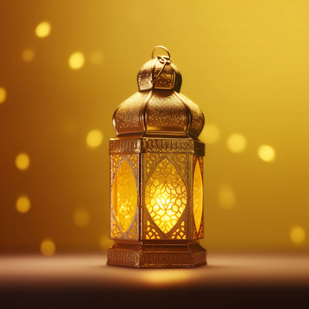 Lantern for Ramadan Kareem on a yellow background with bokeh