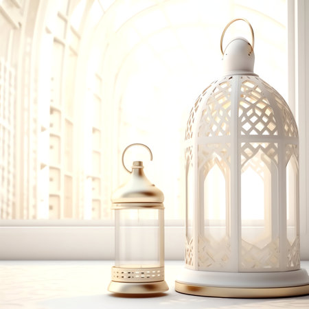 3d rendering of a white lantern in the interior of a mosqueの写真素材