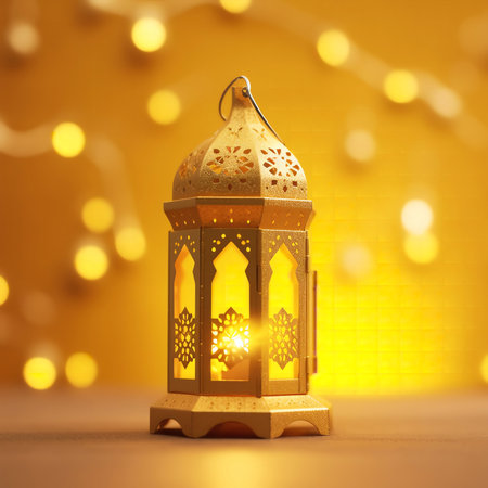 Ramadan Kareem lantern on yellow background with bokeh lights