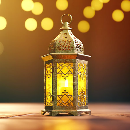 Lantern for Ramadan Kareem on wooden table with bokeh background