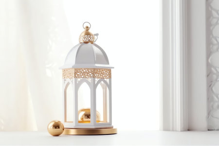 Lantern on white table near window. Ramadan Kareem concept