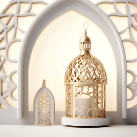 3d rendering of Ramadan Kareem background with lantern and arabic patternの写真素材