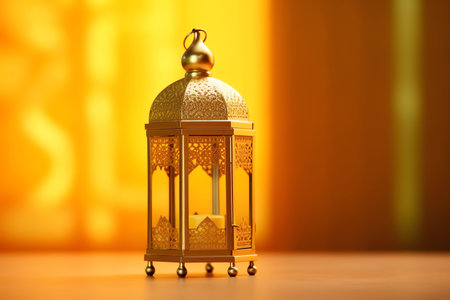 Ramadan Kareem background. Beautiful Arabic lantern on wooden table.