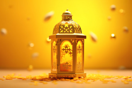 Ramadan Kareem lantern with golden confetti on yellow background.