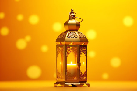 Lantern with burning candle on yellow background. Ramadan Kareem concept