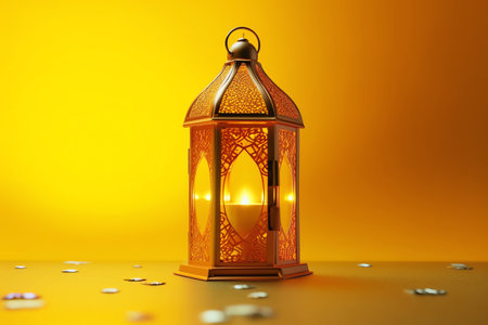 Lantern on a yellow background with confetti.