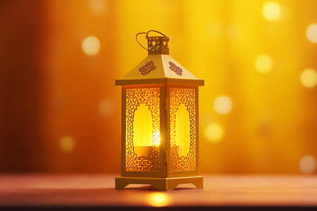Lantern on wooden table with bokeh background.