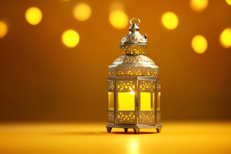 Lantern with burning candle on yellow background.
