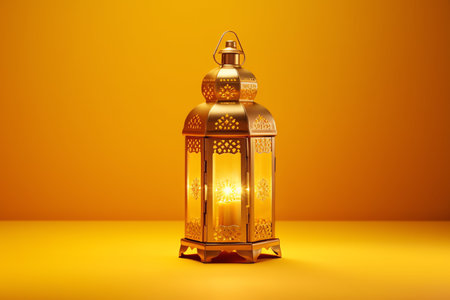 Lantern on orange background. Ramadan Kareem concept. 3D Rendering