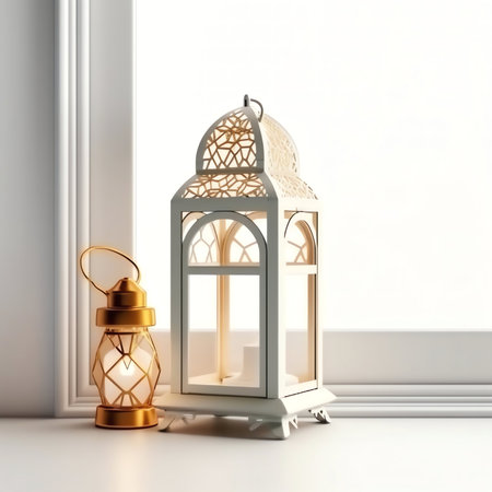 Lantern in a room with a white wall. 3d rendering