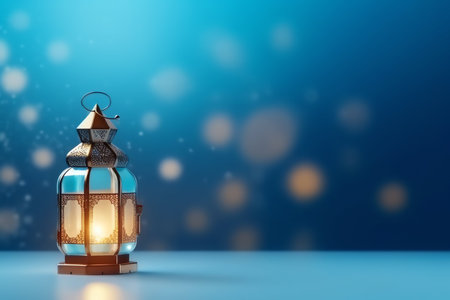 Lantern on blue bokeh backgroundの写真素材