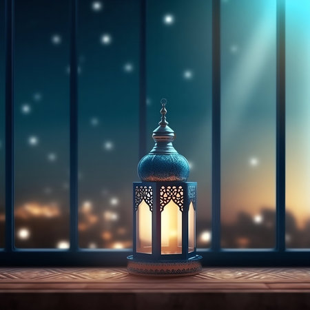 Ramadan Kareem greeting card with Arabic lantern on wooden table at night