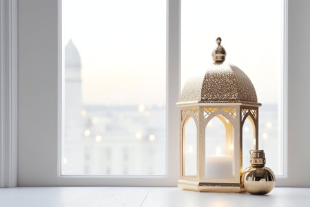 Beautiful Arabic lantern on the windowsill. 3d rendering.の写真素材