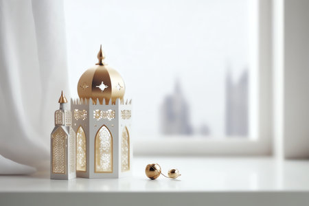 Ramadan Kareem greeting card with mosque and golden baubles