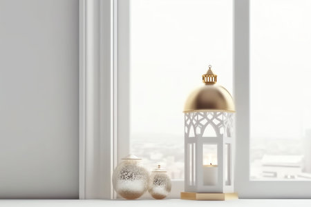 3d render of christmas lantern in the room with city view