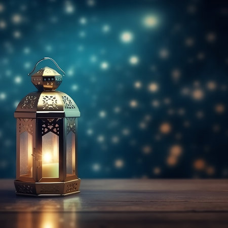 Lantern on wooden table with bokeh background.
