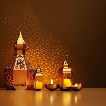 3D illustration of Ramadan background with Arabic lanterns and burning candles