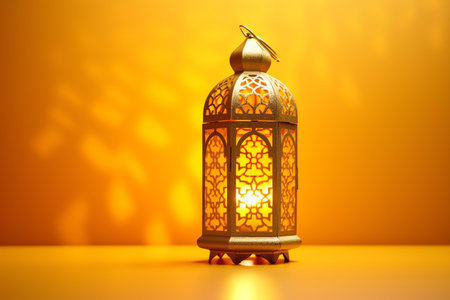Lantern on yellow background. Ramadan Kareem greeting card.