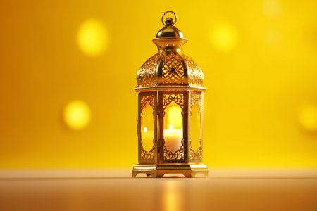 Lantern with burning candle on yellow background.