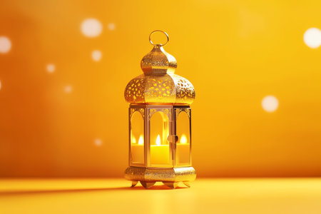 Lantern on yellow background. Ramadan Kareem greeting card.の写真素材