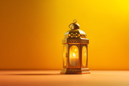 Lantern with candle on orange background.の写真素材