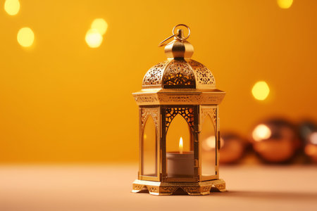 Lantern with burning candle on color background.