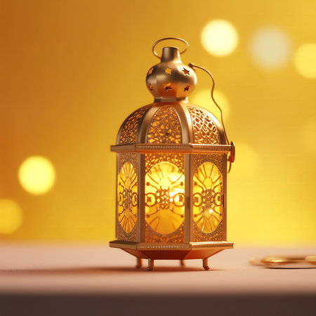 Golden lantern on yellow background.