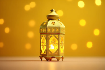 Lantern on yellow background with bokeh effect.の写真素材