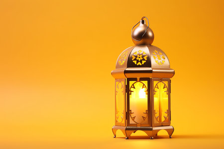 Lantern on orange background. Ramadan Kareem concept. 3D Rendering