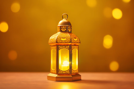 Lantern on wooden table with bokeh background.の写真素材