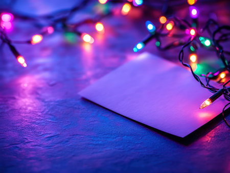 Blank paper sheet with christmas lights on a dark background.の写真素材