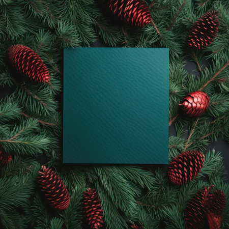 Christmas greeting card mockup with fir tree branches and pine cones on black background. Top view,...