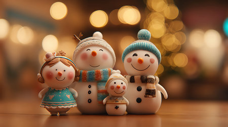 Snowman family in winter clothes with bokeh on background.