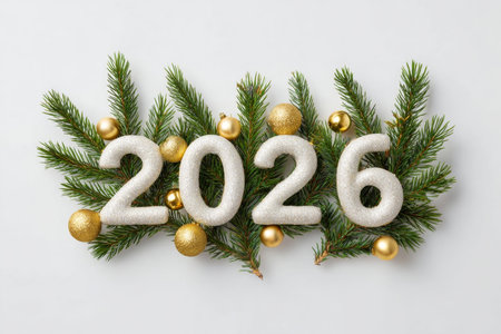 New Year's composition with fir branches and numbers on white background