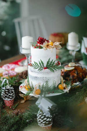 Beautiful wedding cake decorated with berries on the background of the Christmas tree
