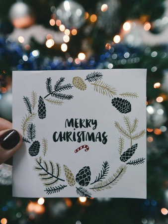Merry Christmas and Happy New Year greeting card with hand letteringの写真素材