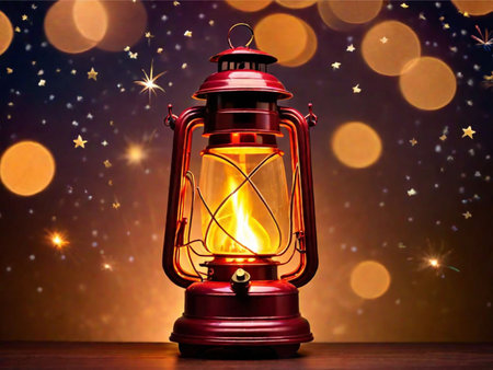 Lantern on a wooden table with bokeh lights background