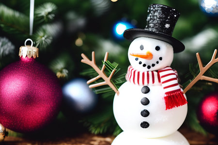 Christmas and New Year background with snowman, christmas tree and decorationsの写真素材