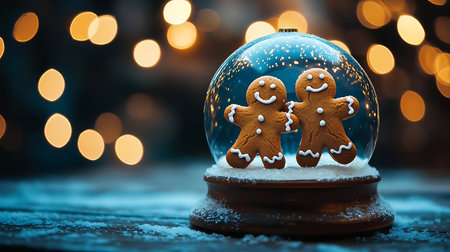 Snow globe with two gingerbread men in the snow, Christmas background
