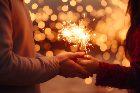 close up of couple holding sparklers over bokeh lights backgroundの写真素材