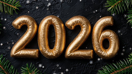 Golden numbers on a black background with spruce branches.